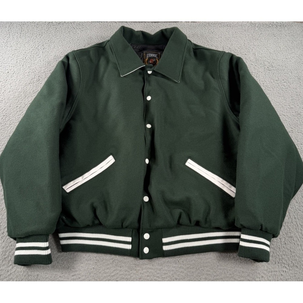 VTG Rennoc Classic Varsity Jacket Men XL Green White Wool Blend Letterman Snap